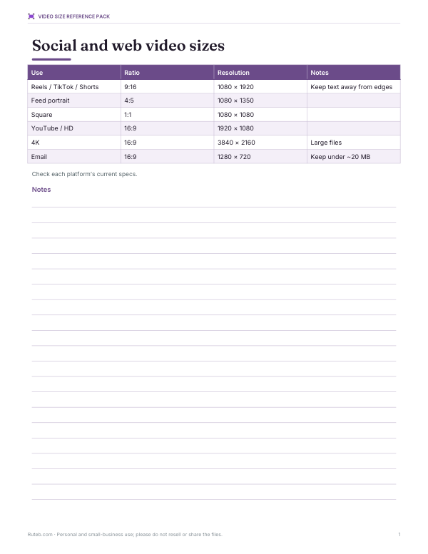 Preview of Printable Video Size Chart